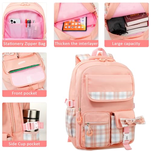 MCWTH Checkered Backpack for Teen Girls, Kawaii Cute Kids Elementary Student School Backpacks (Bow Pink) - color: Checkered Pink
