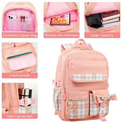 MCWTH Checkered Backpack for Teen Girls, Kawaii Cute Kids Elementary Student School Backpacks (Bow Pink) - color: Checkered Pink