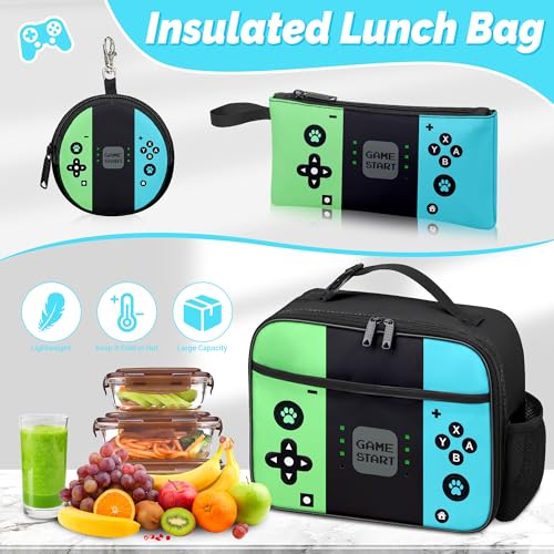 Gamer Backpack for Boys, 4pcs Gaming Boys Backpack with Lunch Box and Pencil Case for Kids, Video Gamer School Bags - color: Green