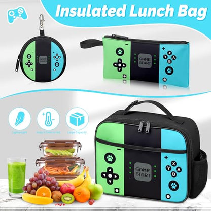 Gamer Backpack for Boys, 4pcs Gaming Boys Backpack with Lunch Box and Pencil Case for Kids, Video Gamer School Bags - color: Green