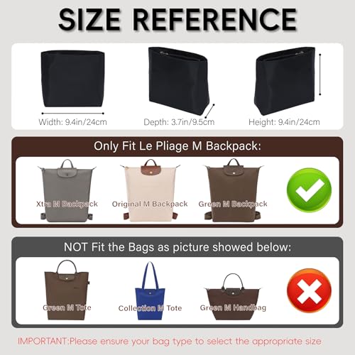 Nylon Longchamp Backpack Organizer Insert - Custom Fit for Longchamp Le Pliage M Backpack, Premium Water-Resistant with 4 Compartments, Lightweight, Shape Retention for Backpack (Black,BP) - color: Black
