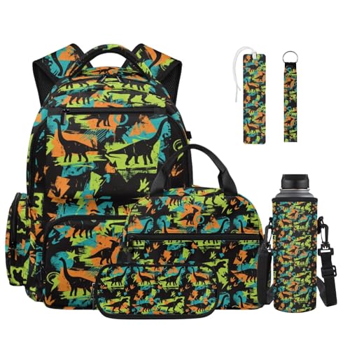 Talayituse Colorful Dinosaur Paint Splatter Print 6 in 1 Set Backpack for Boys Kids, Large Capacity School Bag with Lunch Box Teen Children Elementary Book Bag with Pencil Case Water Bottle Sleeve - color: Colorful Dinosaur Paint Splatter