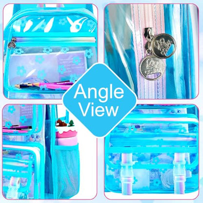 KLFVB Girls Clear Backpack Heavy Duty, 3PCS See Through School Bag Set, Cute Transparent Bookbag for Women - Plum Blossom Sky Blue - color: Plum Blossom Sky Blue Clear Backpack