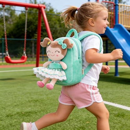 Gloveleya Kids Backpacks Girls Backpack Plush Bags with Soft Baby Doll Green 9" | with Soft Baby Doll - color: A015 Spring Girl Green & Doll, size: 9 inches