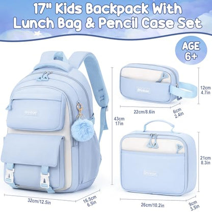 Fimibuke Backpacks for Girls, 3 PCS Waterproof School Backpack with Lunch Box & Pencil Pouch for Kids Teen Girl, Cute Bookbag School Bag for Elementary Middle High School Student Ages 6+(Blue) - color: Blue
