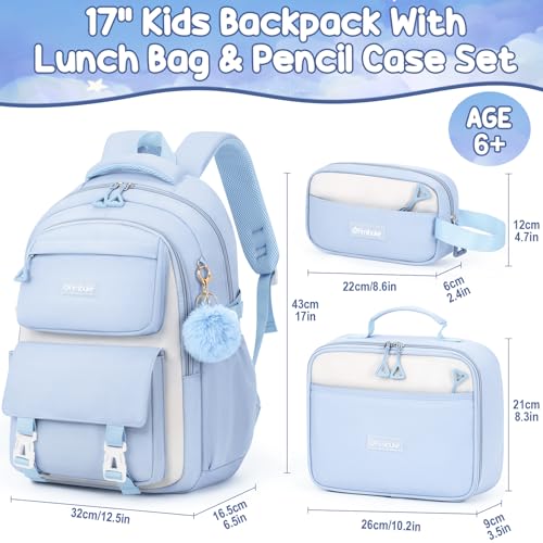 Fimibuke Backpacks for Girls, 3 PCS Waterproof School Backpack with Lunch Box & Pencil Pouch for Kids Teen Girl, Cute Bookbag School Bag for Elementary Middle High School Student Ages 6+(Blue) - color: Blue