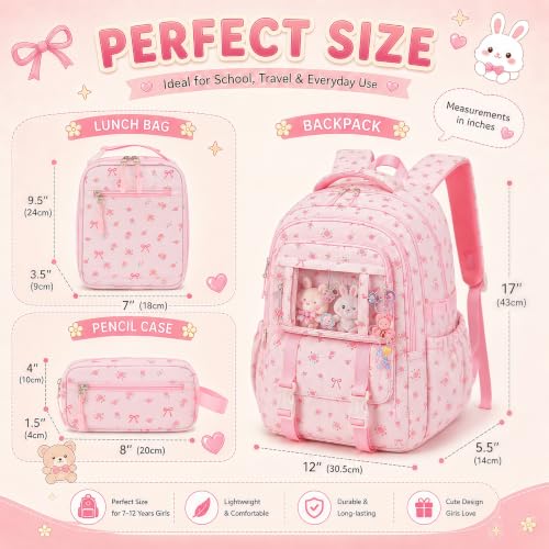 BTOOP Multi-Compartment Kids Backpack for Girls, 3PCS Cute Pink Bow School Backpack with Lunch Bag Pencil Case, Side Pocket Fits 40 oz Tumbler, Girls Bookbag for Elementary Middle School - color: Pink