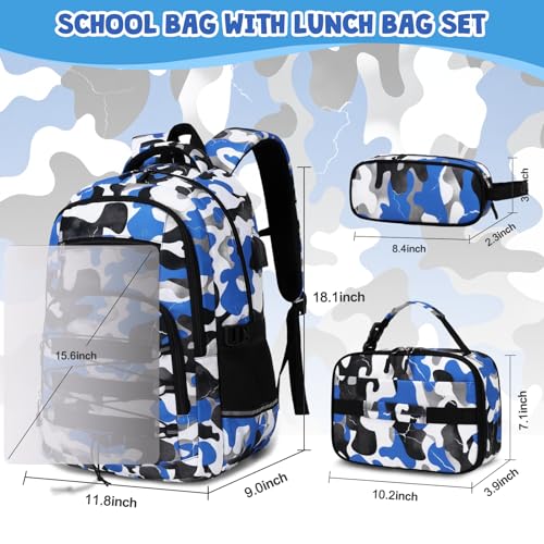 ACESAK Camo Backpack for Boys, Tactical Kids Backpack Boys, School Bags for Boy Children Teens Kids Elementary Middle High School, Military Bookbag and Lunch Bag Pencil Case Set with USB Charging Port - color: Blue White