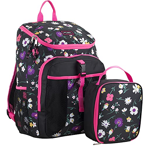 FUEL Top Loader Backpack with Lunch Box Combo – 18” Two Compartment Water Resistant Durable Adjustable Straps with Side Water Bottle Pockets 2 in 1 Set – Black & Pink Flowers - color: Ditsy Floral Bird Print/Black/Pink Sizzle