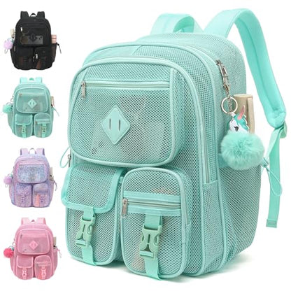 Mesh Backpack for Girls Boys, Heavy Duty Semi-Transparent Mesh Bookbag Womens Mens Mesh Backpacks for School, Sports, Beach, Swimming, Travel Green - color: Green