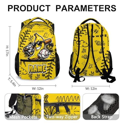 Personalized Kids Backpack Custom Baseball Schoolbag for Boys, Fun Banana Bookbag for School Travel Hiking - color: Yellow