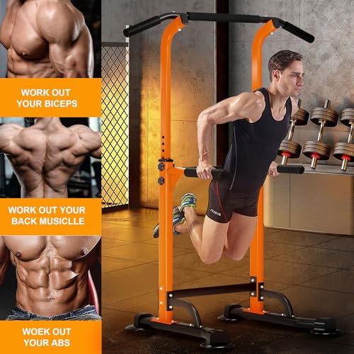DlandHome Power Tower Pull Up Dip Station Multi-Function Fitness Equipment for Strength Training Adjustable Height Dip Stand for Home Gym - color: Orange