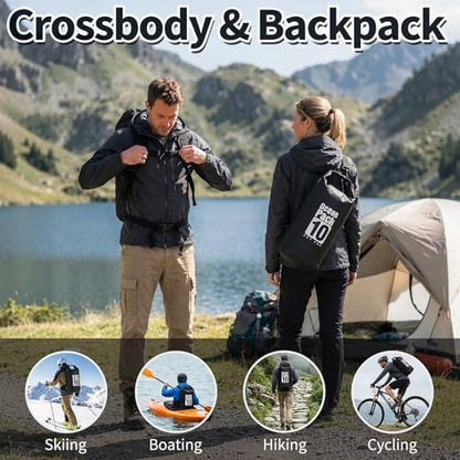 Waterproof Dry Bag 10L, Roll Top Closure Black Water Proof Backpack, Heavy Duty Hunting Backpack, Durable Floating Dry Bag for Kayaking Boating Hiking with 7" Black IPX8 Waterproof Phone Case - color: Black dry bag 10L + Phone pouch 7"