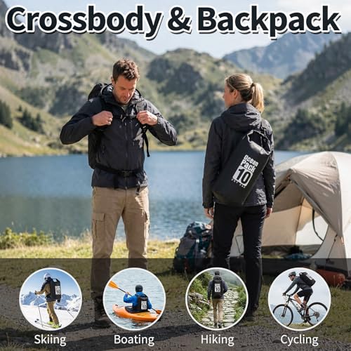 Waterproof Dry Bag 10L, Roll Top Closure Black Water Proof Backpack, Heavy Duty Hunting Backpack, Durable Floating Dry Bag for Kayaking Boating Hiking with 7" Black IPX8 Waterproof Phone Case - color: Black dry bag 10L + Phone pouch 7"