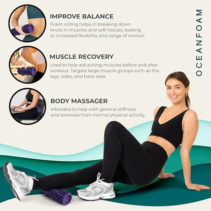 Oceanfoam Ripple Travel Foam Roller (11" x 3.35") Firm Mini Foam Roller for Physical Therapy, Deep Tissue Massage, Back Pain - High Density, Ergonomic Wave Textured - Yoga, Pilates, Exercise (Seafoam) - color: Purple