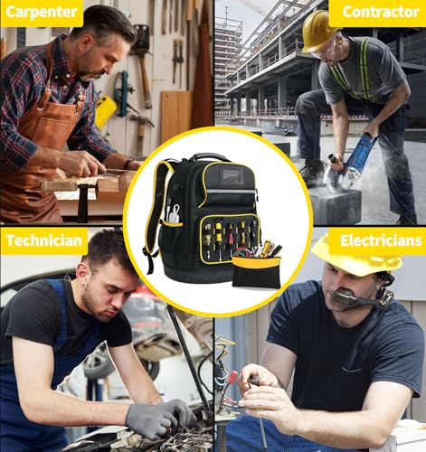 Tool Backpack, Heavy-Duty Tool Organizer Bag for Men Dad Gift, Water-Resistant Technician Tool Carrier w/ Molded Base, Laptop Storage, Backpack for Electricians HVAC Construction Repairman Home Repair
