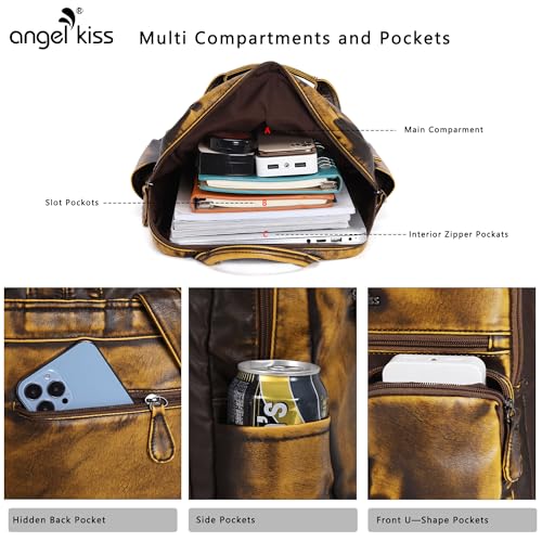 Angel Kiss Backpack Purse for Women Soft Washed Leather Multi Pocket Casual Travel Backpacks… - color: Brown