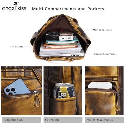 Angel Kiss Backpack Purse for Women Soft Washed Leather Multi Pocket Casual Travel Backpacks… - color: Brown