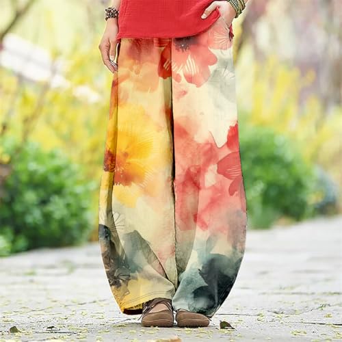 LOAIHA Women's Baggy Pants Elastic Waist Floral Wide Leg Yoga Sweatpants Harem Pant Lantern Trousers with Pockets - color: Boho11, size: Small