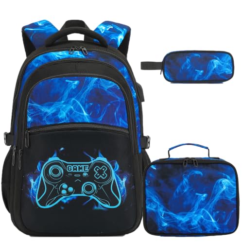 DIGOBAY Boys Backpack for School, 3PCS Cool Luminous Gamer Backpack for Boys with Lunch Box Pencil Case, Kids Backpacks Bookbag for Teen Boy Elementary Middle High School with USB Charging Port - color: Blue-flame