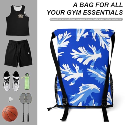 Drawstring Gym Backpack with Shoe Compartment And Wet Pocket, 28L Lightweight Waterproof Blue Celery Pattern Sports Backpack for Workout Swim Beach Travel String Bag for Men Women