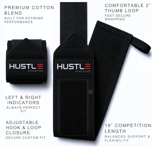Hustle Athletics Wrist Wraps for Weightlifting, USPA-Approved 18" Wrist Support Straps for Bench Press, Squats & Overhead Press, Heavy-Duty Gym Wraps for Men and Women