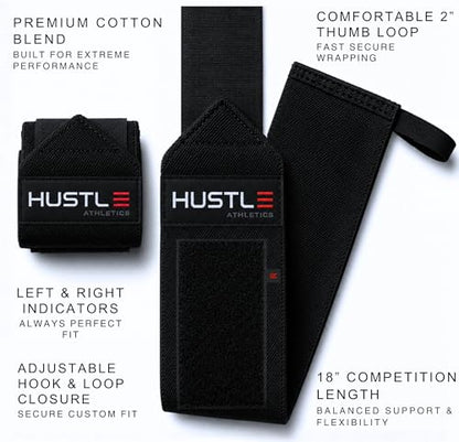 Hustle Athletics Wrist Wraps for Weightlifting, USPA-Approved 18" Wrist Support Straps for Bench Press, Squats & Overhead Press, Heavy-Duty Gym Wraps for Men and Women