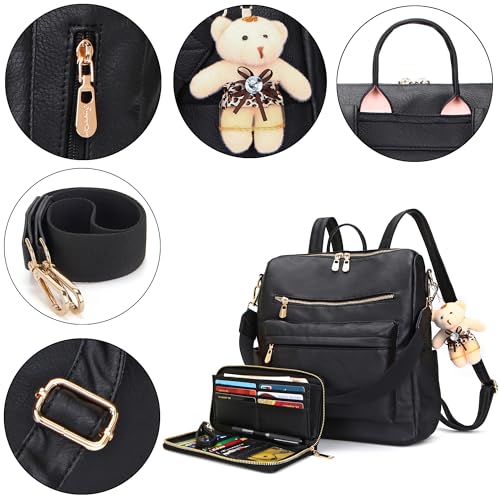 Soperwillton Women Backpack Purse Multipurpose Design Handbags Shoulder Bag PU Leather Travel bag Backpack Set 2pcs - color: Z-black