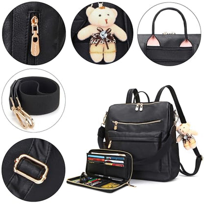 Soperwillton Women Backpack Purse Multipurpose Design Handbags Shoulder Bag PU Leather Travel bag Backpack Set 2pcs - color: Z-black