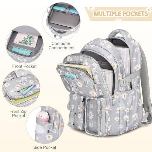 ACESAK Backpack for Girls - Girls Backpack with Lunch Bag & Pencil Pouch for Teen Kids Laptop Backpack for Women, Elementary Middle High School Bookbag Travel Daypack (Gray Daisy) - color: Gray Daisy