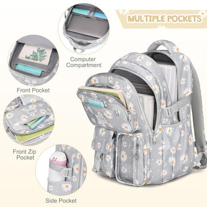 ACESAK Backpack for Girls - Girls Backpack with Lunch Bag & Pencil Pouch for Teen Kids Laptop Backpack for Women, Elementary Middle High School Bookbag Travel Daypack (Gray Daisy) - color: Gray Daisy