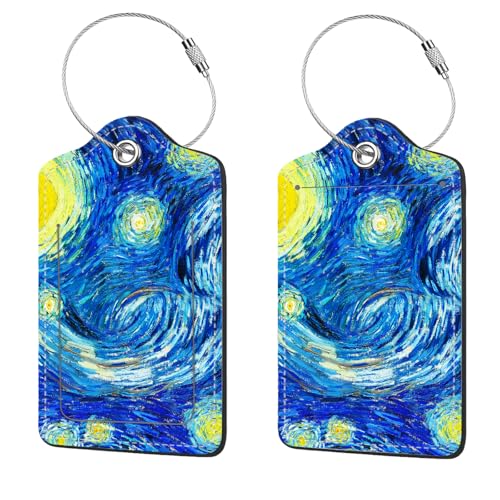 2 Pcs Luggage Tags for Suitcase, Cute Unique PU Leather Travel Bag Tag with Privacy Cover ID Label Address Card and Durable Metal Ring Suitable for Men Women Children Backpack,Starry Sky - color: Starry Sky