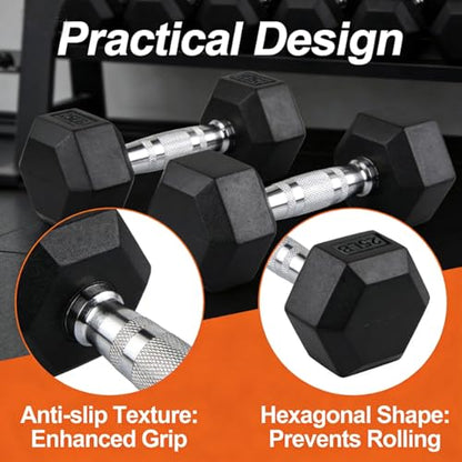 Dumbbells Set Rubber Hex Weights for Home Gym Durable Construction Convenient Storage Space Saving Design Complete Weight Set Barbell Coated for Exercise Training - style: 65 lb single