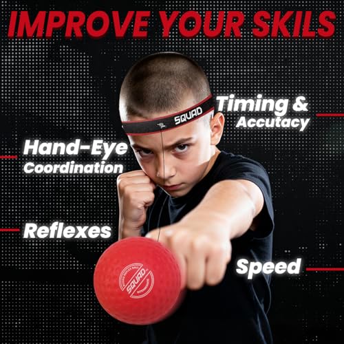 SQUAD Boxing Reflex Ball Set - 4-Level Reaction Balls + Adjustable Headband - Train Speed, Timing & Hand-Eye Coordination - Safe Fun for Kids & Adults - Boxing/MMA/Krav MAGA Home Workout Gift