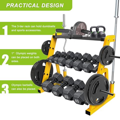 Kipika Heavy Duty 3 Tier Dumbbell Rack Multifunctional, Weight Rack for Dumbbells, Home Gym Equipment, Suitable for Storage of Dumbbell, Kettle Bell, Barbell Plate, Barbell Bar - color: 2 Tier Tilt Shelf + 1 Tier Tray