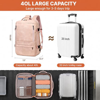 Travel Backpack for Women, PU Leather Carry On Backpack Flight Approved with Laptop Compartment, 40L Expandable Personal Item Travel Bag for Traveling Weekender Business (Pink) - color: Pink