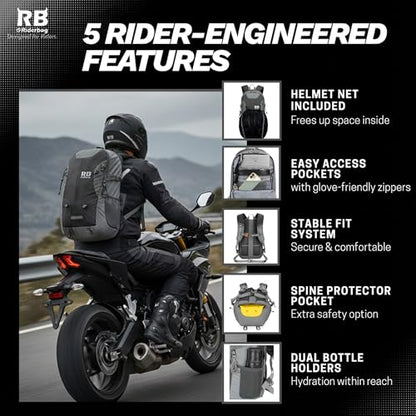 riderbag Reflective Motorcycle Backpack, Hi Viz Commuter Riding Bag | Designed by Riders for Everyday Rides with Laptop Compartment and Helmet Net. Built to Help You Be Seen. - color: Black