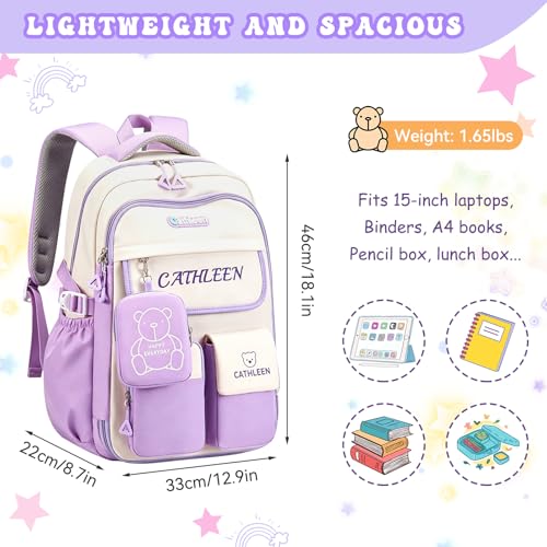 Kids Backpack for Girls,Preppy Bookbag for Elementary & Middle School Students,Cute School Bag with Large Capacity,18 Inch,Purple - color: Purple White