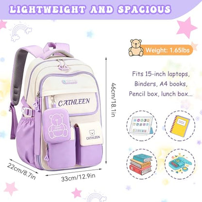 Kids Backpack for Girls,Preppy Bookbag for Elementary & Middle School Students,Cute School Bag with Large Capacity,18 Inch,Purple - color: Purple White