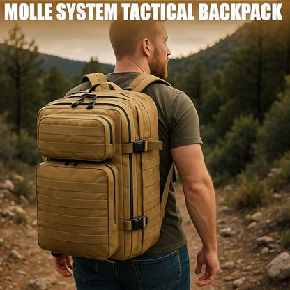 45L Military Tactical Backpack Large Day Pack for Men – MOLLE Rucking Assault Rucksack, Heavy-Duty Water-Resistant Bag for Hiking, Gym, Travel & Outdoor Adventures – Khaki - color: Khaki
