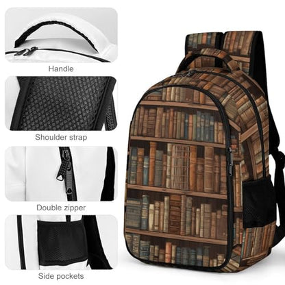 Library Bookshelf Book Backpack with Multiple Pockets, Large Capacity Laptop Backpack Unisex Durable Daypack for Travel, Work