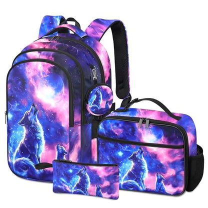 Wolf Backpack for Girls, Girls Backpacks with Lunch Box and Pencil Case for School, Kids Wolf Bookbag - color: Wolf