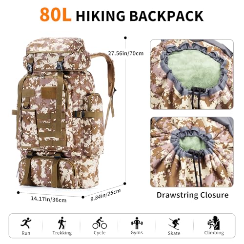 Hiking Backpack Tactical Backpack for Men Women, 80L Military Backpack Rucksack Waterproof Large Travel Camping Backpack for Men, Molle Rucksack Outdoor Travel Cycling Daypack (Desert Camo) - color: Desert Camo