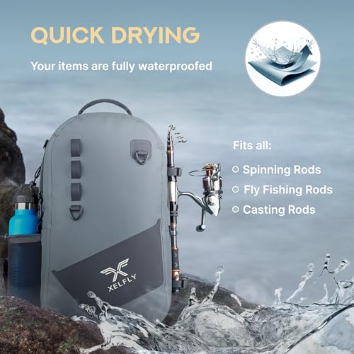Xelfly - Waterproof Fishing Backpack with Rod Holder, Inflatable Air Valve, Padded Waist Straps & Gear Loops - Submersible Zipper, Rugged Top Handle, Adjustable Attachments (Gray) - color: Gray, size: Fishing Backpack