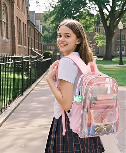 Clear Backpack for Girls Boys Women Men, Heavy Duty Transparent PVC Bookbag for School College Work See Through Backpack,Pink - color: Pink