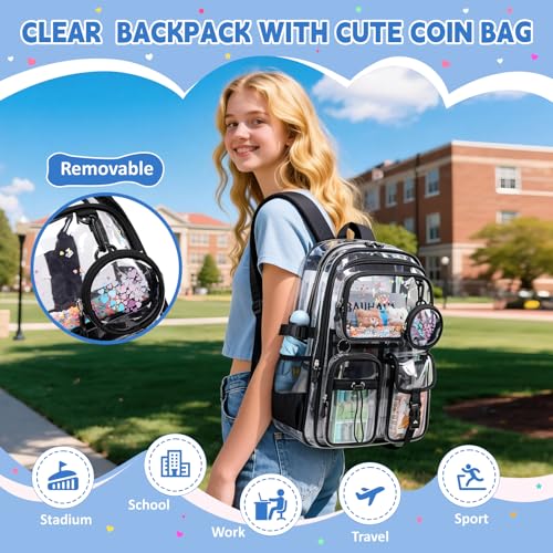 Clear Backpacks for Stadium Events Heavy Duty Clear Bookbag for School Girls Transparent Back Pack - color: Black