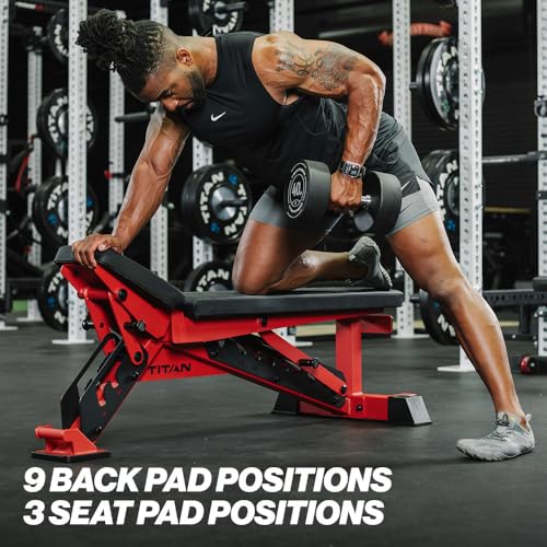 Titan Fitness TITAN Series Adjustable Bench, Supports 600 LB Incline, 1,000 LB Flat, Versatile Single Post Utility Workout Bench for Home Gym, Weightlifting, Strength Training - color: Red