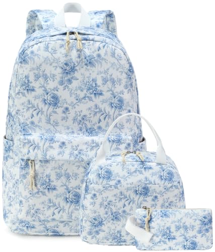 Bluboon Teens Backpack Set Girls School Backpack Lunch Box Pencil Bags Student Bookbags 3 in 1 (Blue Toile Floral 231) - color: Blue Toile Floral 231