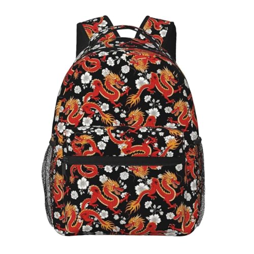 Water Resistant Casual Backpack Japanese Chinese Dragon Flower Black Floral, Hiking Daypack with Side Mesh Pockets for Men Women and Outdoor Activities - color: Pattern (233)