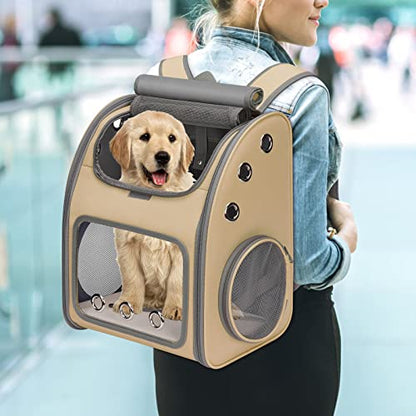 Expandable Cat Backpack Carrier for Cats & Small Dogs Up to 18 lbs | Portable Pet Travel Carrier, Super Ventilated Design, Airline Approved, Ideal for Traveling/Hiking/Camping, Khaki - color: Khaki-Standard
